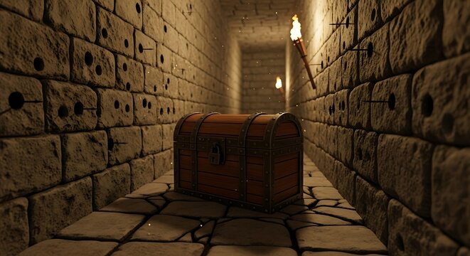 A treasure chest sitting on a slightly depressed stone tile, surrounded by barely visible holes in the wall for darts, in a booby-trapped corridor