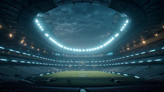 Aerial nighttime view of a sports stadium with illuminated lights and clear sky visible through the roof