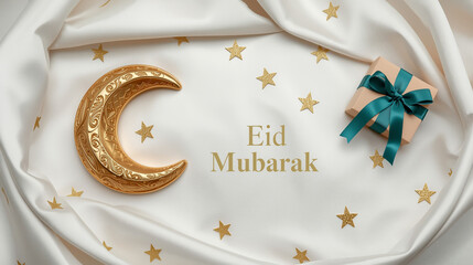 Luxury Eid Mubarak background with gold crescent gift box and large copy space