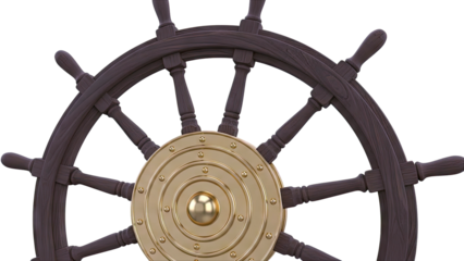 Wooden ship's wheel with brass central hub