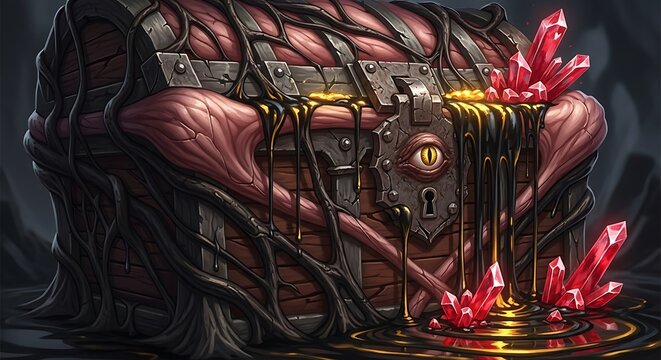 A twisted chest that seems to be grown from petrified flesh and dark, gnarled roots. A single, unblinking eye is set into the lock