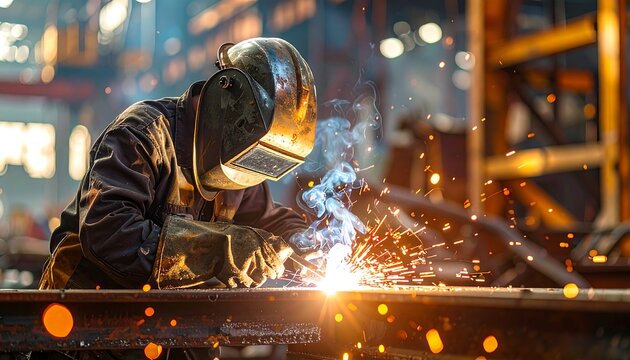 A worker, clad in protective gear, uses a welding torch in a metal fabrication facility, surrounded by sparks