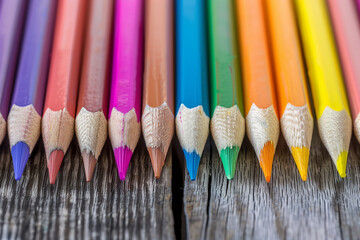A row of colored pencils are lined up on a wooden surface
