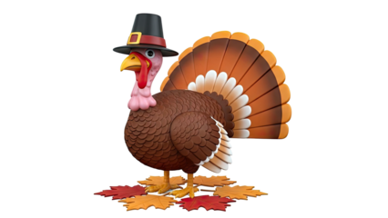 Cartoon Pilgrim Turkey with Thanksgiving Leaves
