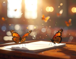 Monarch butterflies gather around an open book, backlit by soft, warm light
