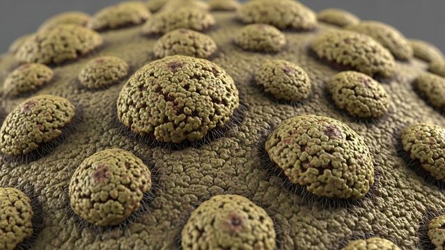 Microscopic view of a textured surface covered in numerous small, bumpy, olive-green spherical structures with fine hair-like filaments