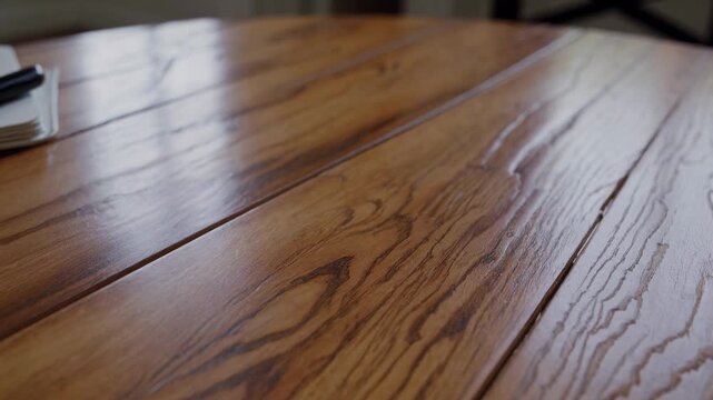 Close-up video of polished wooden floorboards, showcasing detailed grain patterns. Captured from a low angle for an immersive texture view.