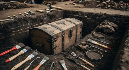 An archaeological dig site, a chest being partially unearthed from dark, rich soil, with brushes and tools carefully placed around it