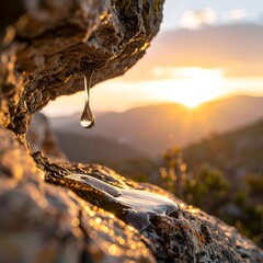 A water droplet falling from rock, sun setting over mountains
