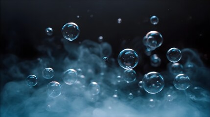 A dynamic abstract composition featuring translucent bubbles floating and rising amidst swirling dark blue mist and atmospheric smoke illuminated by