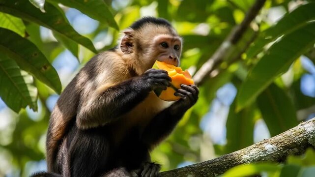 A capuchin monkey enjoying papaya on a lush tree branch.