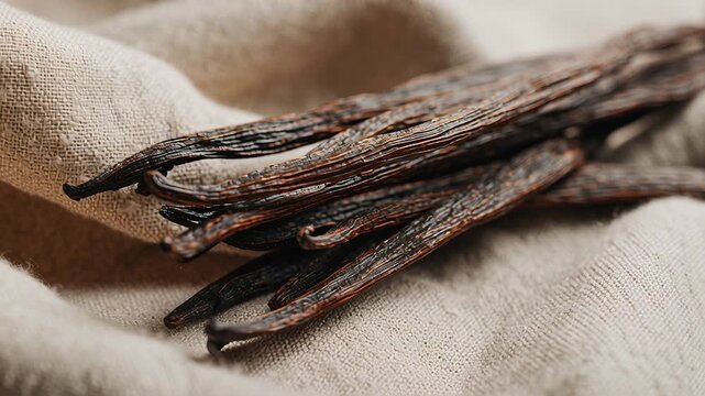 Vanilla beans organic food flavor concept, whole vanilla pods with subtle aroma visualization, warm natural color palette, clean culinary editorial style, soft daylight, minimal composition, premium 