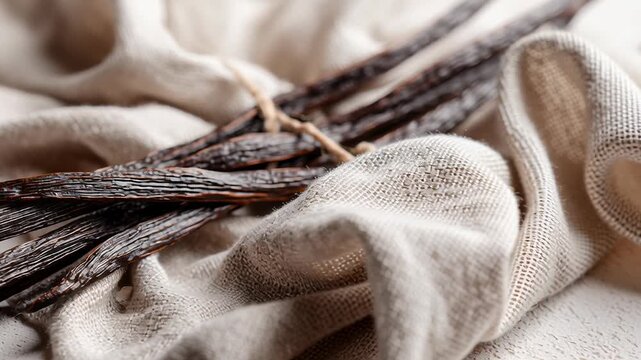 Vanilla beans natural food ingredient, whole vanilla pods on light wooden surface, organic texture, earthy neutral color palette, soft daylight, clean ingredient-focused composition, editorial food 