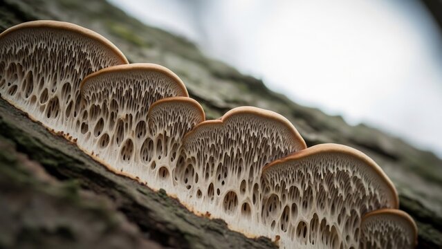 Shelf fungi with intricate, porous gills growing on a textured tree trunk in soft natural light.
