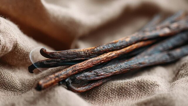 Vanilla beans organic food flavor concept, whole vanilla pods with subtle aroma visualization, warm natural color palette, clean culinary editorial style, soft daylight, minimal composition, premium 