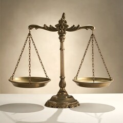 Ornate gold scale of justice, with balanced pans, against a neutral backdrop