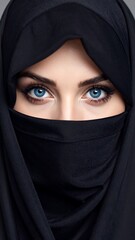 Close-up of a woman wearing a black niqab, emphasizing her striking blue eyes against a neutral background
