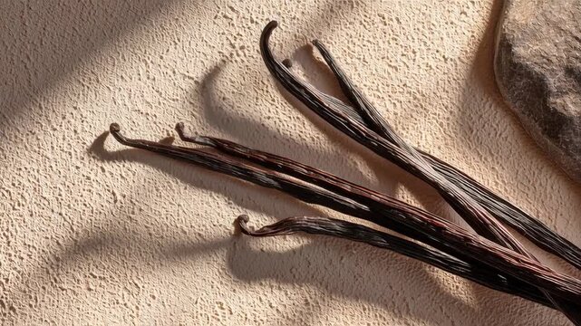 Vanilla beans organic spice background, dried vanilla pods on textured natural surface, rustic yet clean aesthetic, muted brown and cream palette, calm culinary article visual, subtle shadows