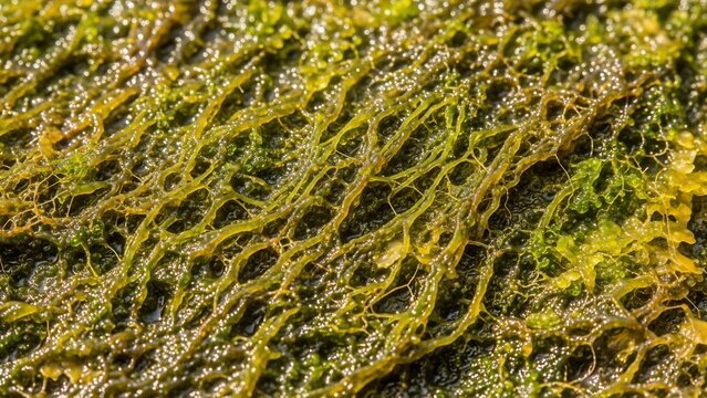 Vibrant green and yellow algae with glistening droplets, revealing intricate organic textures and patterns under natural light.