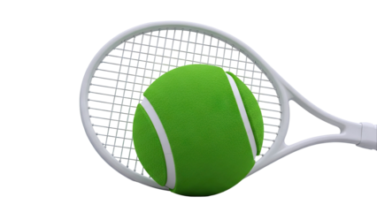 Close-up of a green tennis ball on a white tennis racket