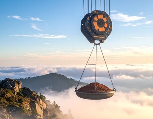 Crane hoists earthy material above mountain peaks blanketed in clouds