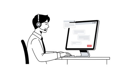 Man Wearing Headset Working on Computer.