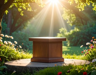 Wooden pedestal illuminated by sun in a lush garden setting