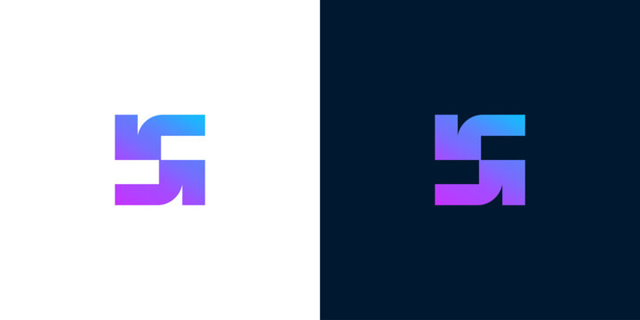 Abstract geometric logo design with gradient colors on white and dark backgrounds