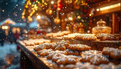 Close-up of gingerbread cookies adorned with icing on a wooden table, with festive decorations and falling snow in a blurry background