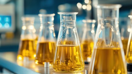 Lab Yellow liquid in Erlenmeyer flasks, research facility background, scientific analysis