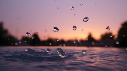 Captivating close up of numerous tiny water droplets suspended in mid air splashing dramatically during a vibrant twilight sunset