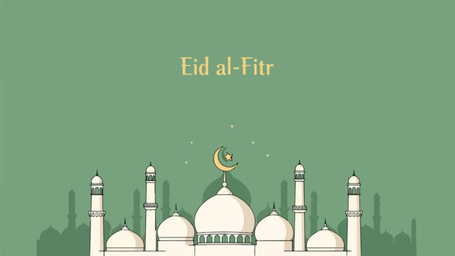 A serene mosque scene with a green background and Eid al-Fitr text