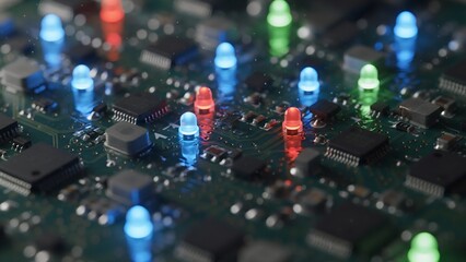 Close up of electronic circuit board with blinking lights