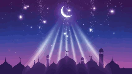 Fotobehang Warm Paars A serene mosque silhouette under a starry night sky with a crescent moon  © Zoro