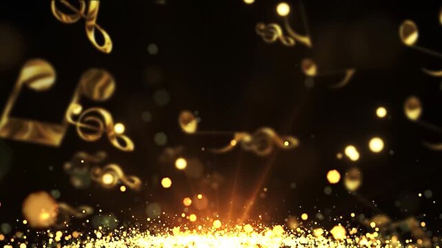 Elegant Golden Musical Notes Floating with Glowing Particles and Cinematic Bokeh on Dark Background