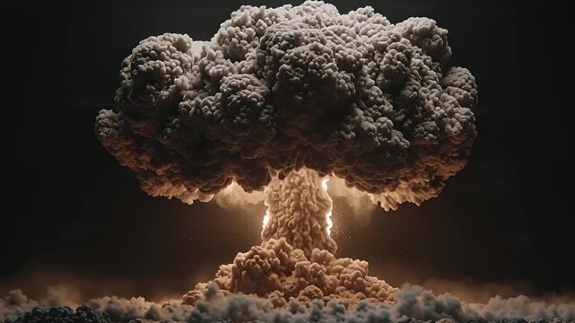 A massive explosion with mushroom cloud rising from the ground, emitting intense light and smoke, viewed from a distance on a dark landscape