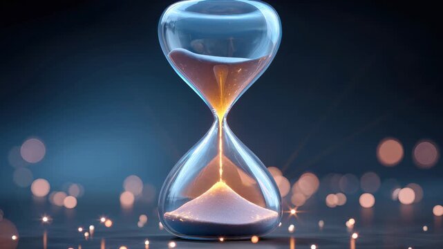 Digital hourglass document glowing sand glass timer symbolizing time passing and urgency with soft bokeh lights and glowing sand