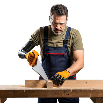 A focused carpenter using a saw to cut a wooden plank at a workbench. He is wearing safety glasses and gloves, highlighting the importance of safety, isolated on transparent background