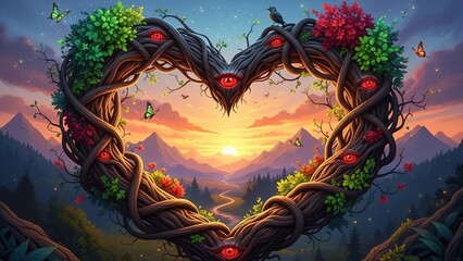 Heart shaped entwined tree branches forming a symbol of love and nature with glowing red eyes at sunset with butterflies and birds around.