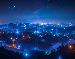 Nightscape of glowing towers on hills with city lights and starry sky