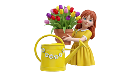 Girl holding potted tulips next to a yellow watering can with daisies