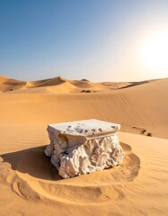 Ancient stone pedestal amidst desert dunes under a bright sun