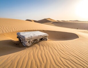 Ancient stone ruins buried in rippled sand dunes under a bright sky