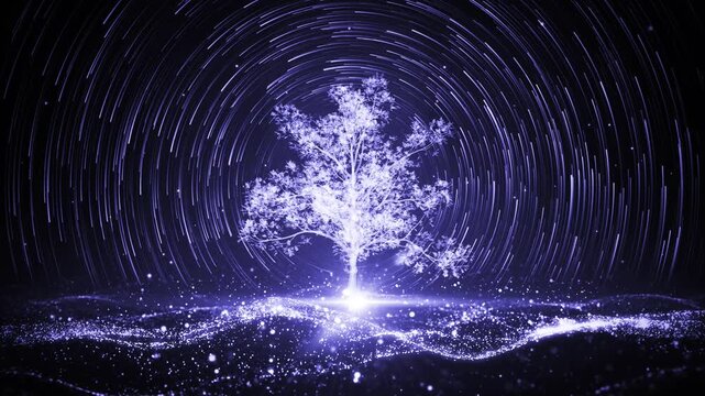 Magical Glowing Blue Tree of Life with Sparkling Particles and Star Trails Motion Graphics Background