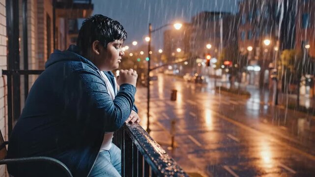 A chubby teen looks out from his balcony, feeling the moody, cinematic isolation of his emotional prison on a rainy city night.
