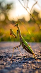 Praying mantis stands on rough pavement, backlit by golden hour light, creating a soft bokeh background