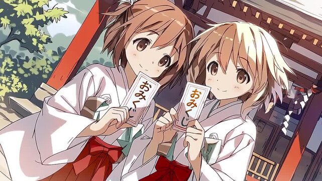 Two Cute Shrine Maidens Holding Omikuji at a Japanese Shrine for New Year
