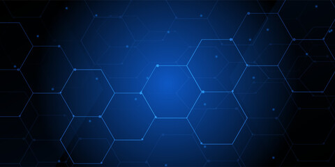 Abstract geometric blue lines on dark blue background with lighting effect. Modern technology futuristic digital patterns. Hexagon geometry structure. Vector illustration © Nurulqamariyahelroma