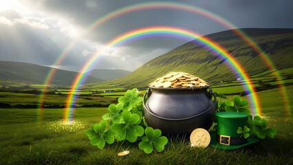 Fototapeta premium Vibrant rainbow leads to pot of gold in lush green landscape