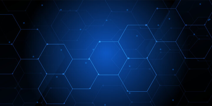 Abstract geometric blue lines on dark blue background with lighting effect. Modern technology futuristic digital patterns. Hexagon geometry structure. Vector illustration